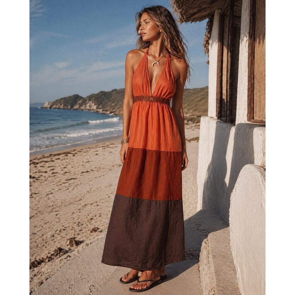 Y2K BCBG Paris Bohemian Cotton Tiered Halter Maxi Dress Color Blocked Size 2